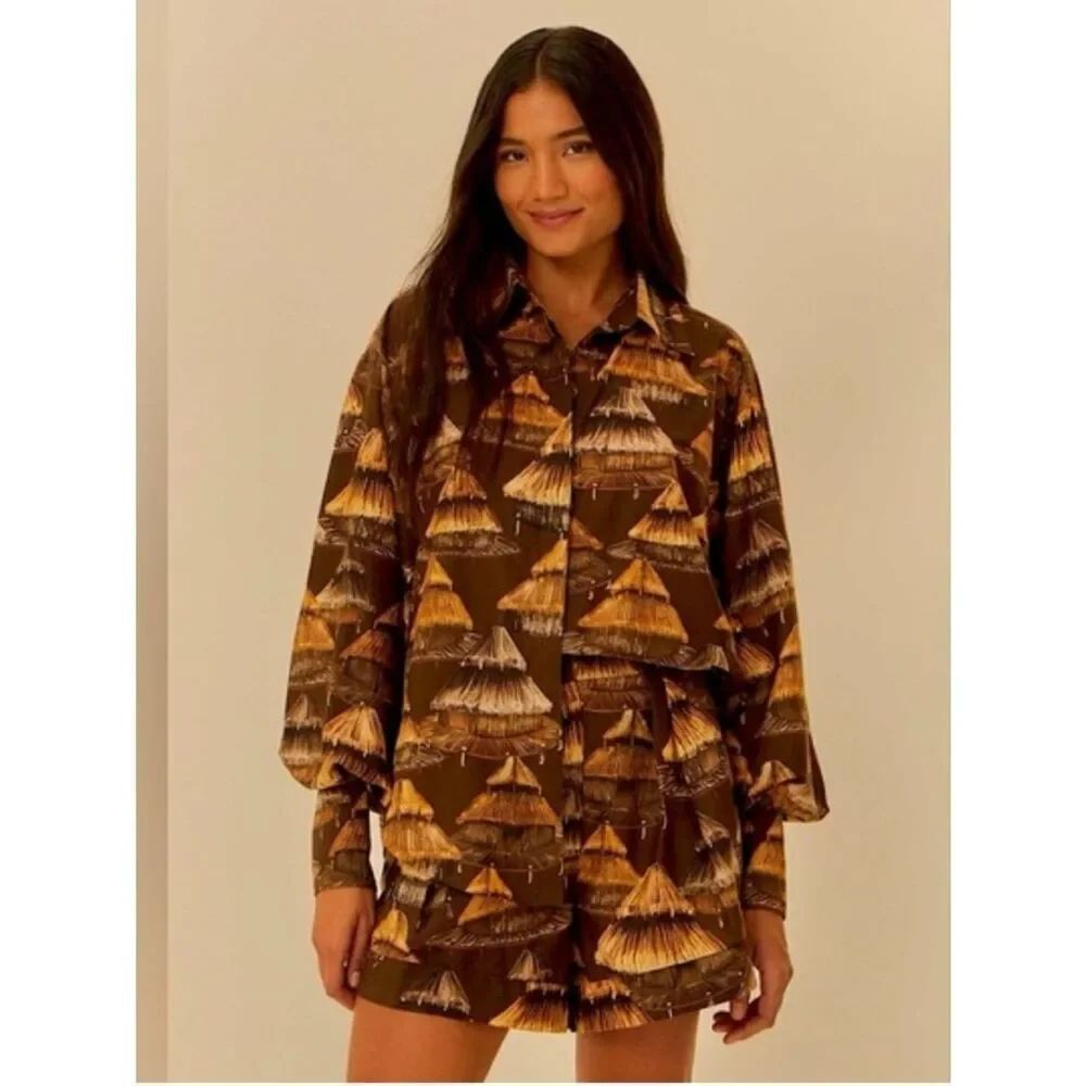 Farm Rio Brown Shuhu Shirt Long Sleeves NWT